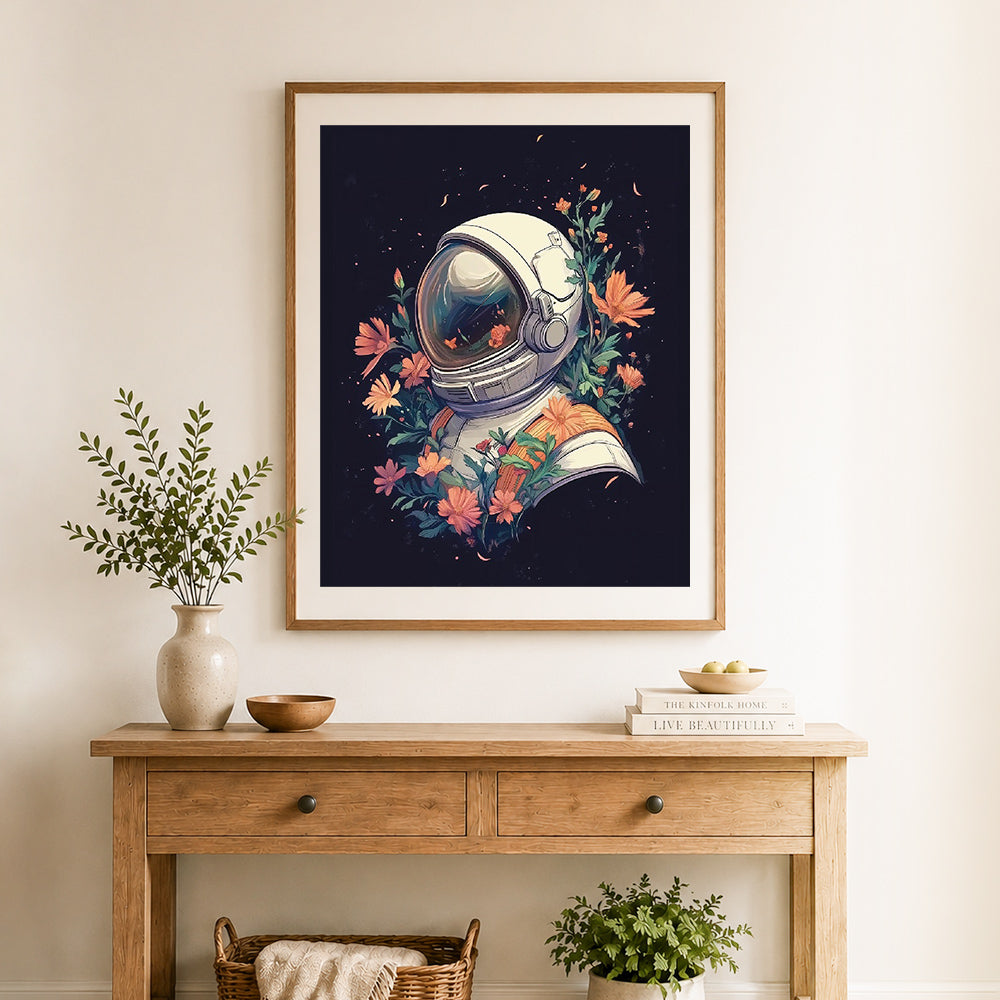 Finished floral space explorer cross stitch artwork displayed as home decor