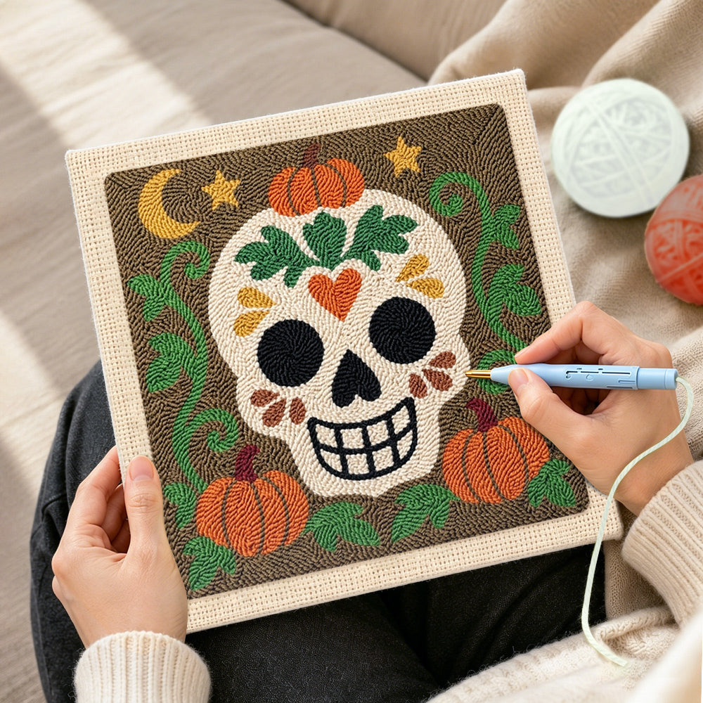 Creating handmade floral sugar skull punch needle artwork