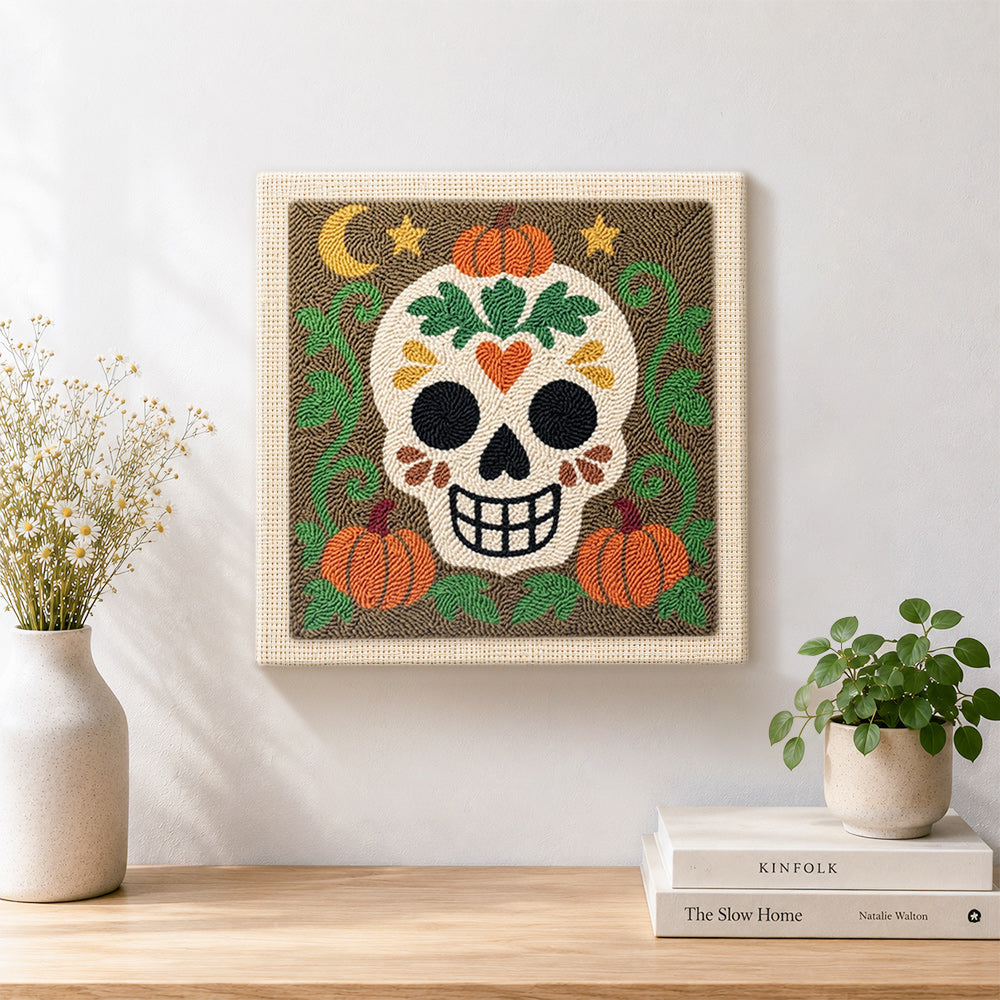 Finished floral sugar skull artwork displayed on a wall