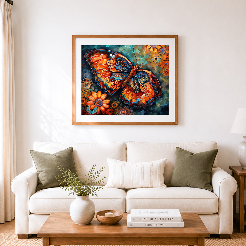 Finished floral swirl butterfly cross stitch artwork displayed as home decor