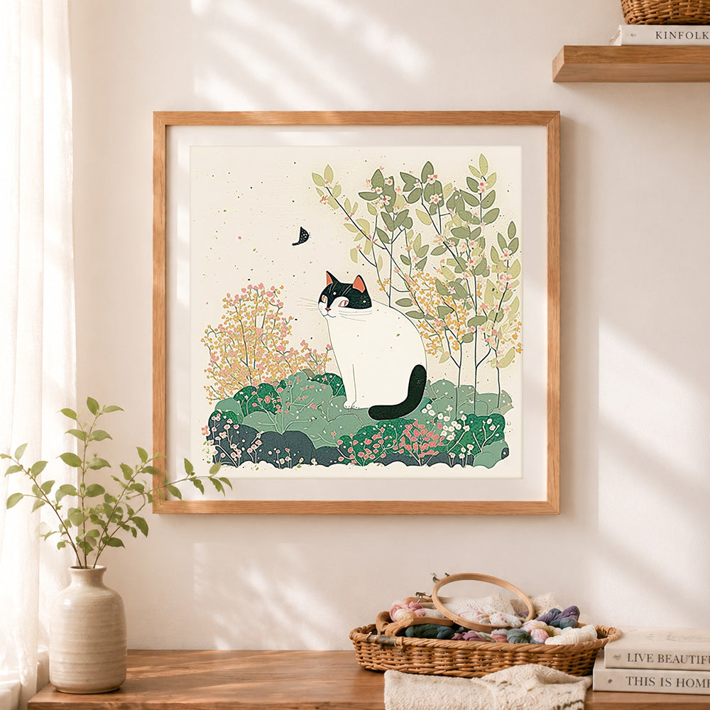 Finished floral tuxedo cat cross stitch artwork displayed as home decor