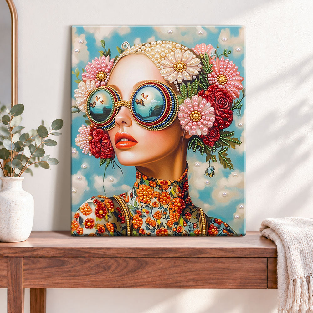 Finished floral visionary pearl diamond painting artwork displayed as home decor