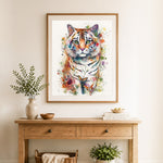 Finished floral watercolor tiger cross stitch artwork displayed as home decor