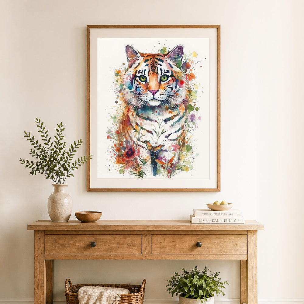 Finished floral watercolor tiger cross stitch artwork displayed as home decor