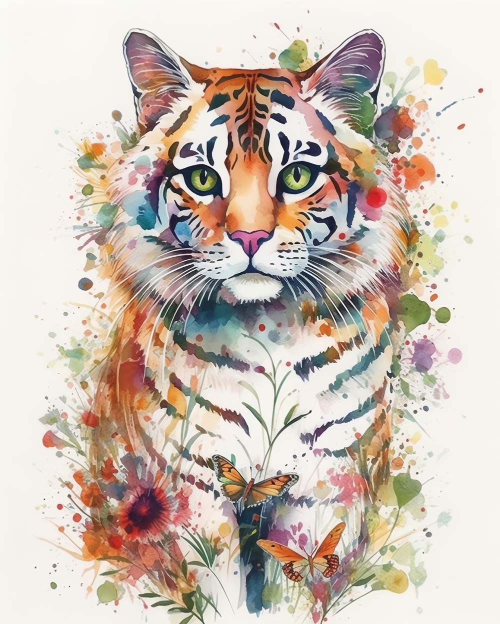 Floral watercolor tiger cross stitch kit for beginners