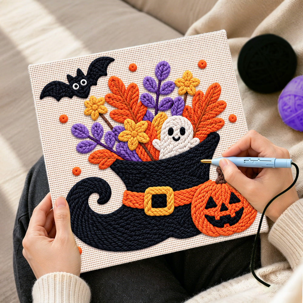 Creating handmade floral witch hat ghost punch needle artwork