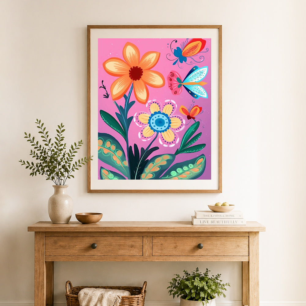 Finished florals with butterflies cross stitch artwork displayed as home decor