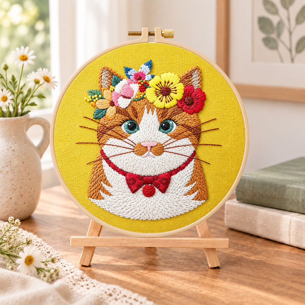 Flower crown cat embroidery kit finished hoop displayed on a wooden stand as cozy tabletop decor