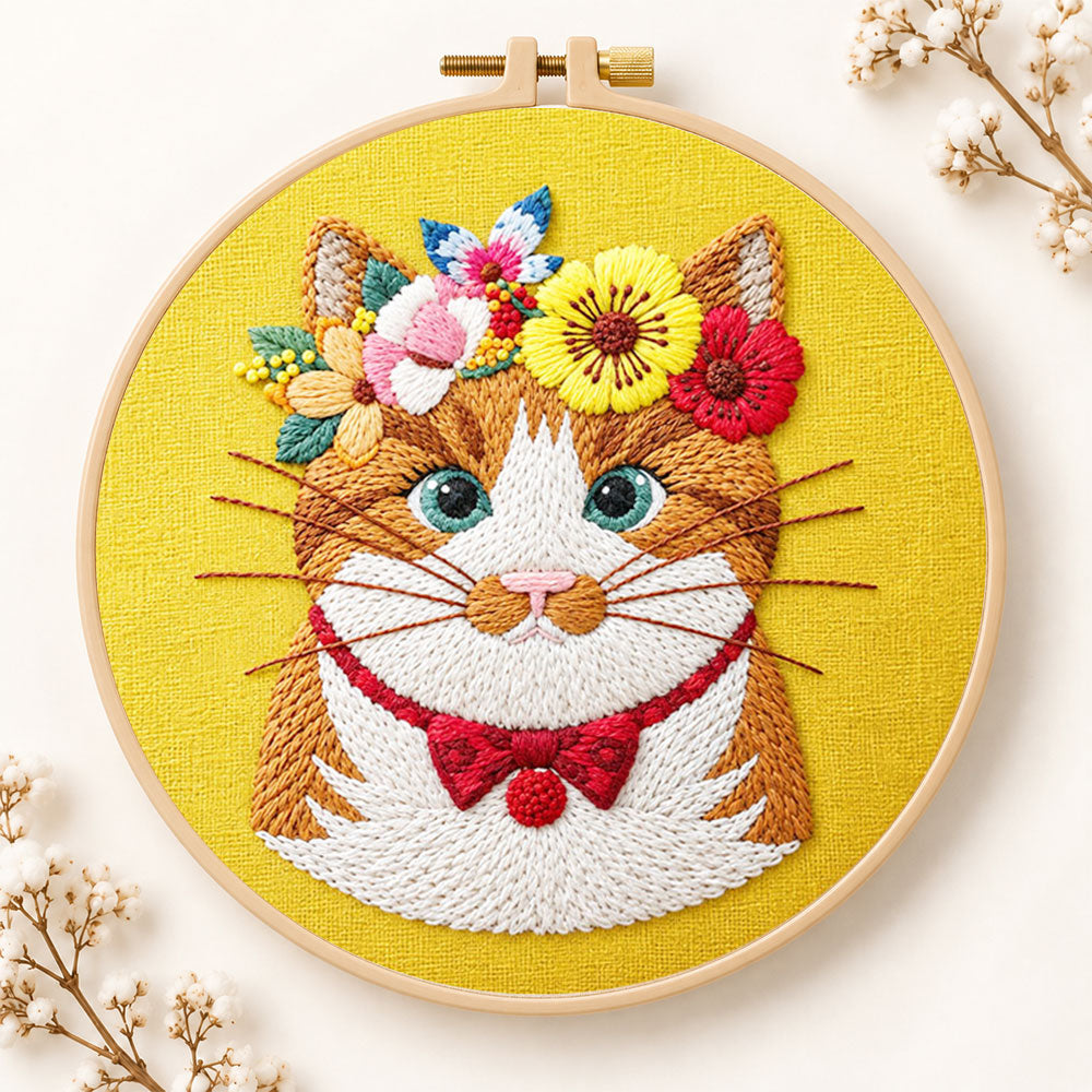 Flower crown cat embroidery kit