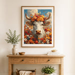 Finished flower crown cow cross stitch artwork displayed as home decor
