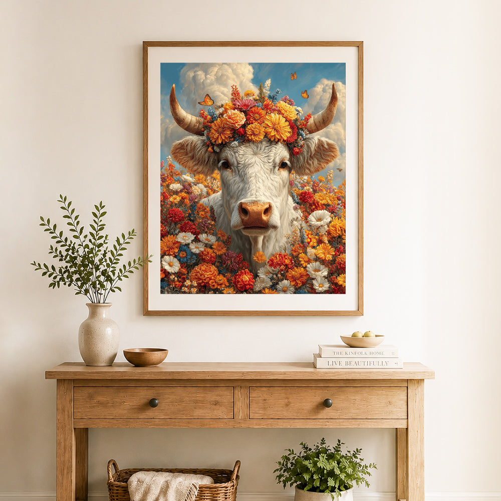 Finished flower crown cow cross stitch artwork displayed as home decor