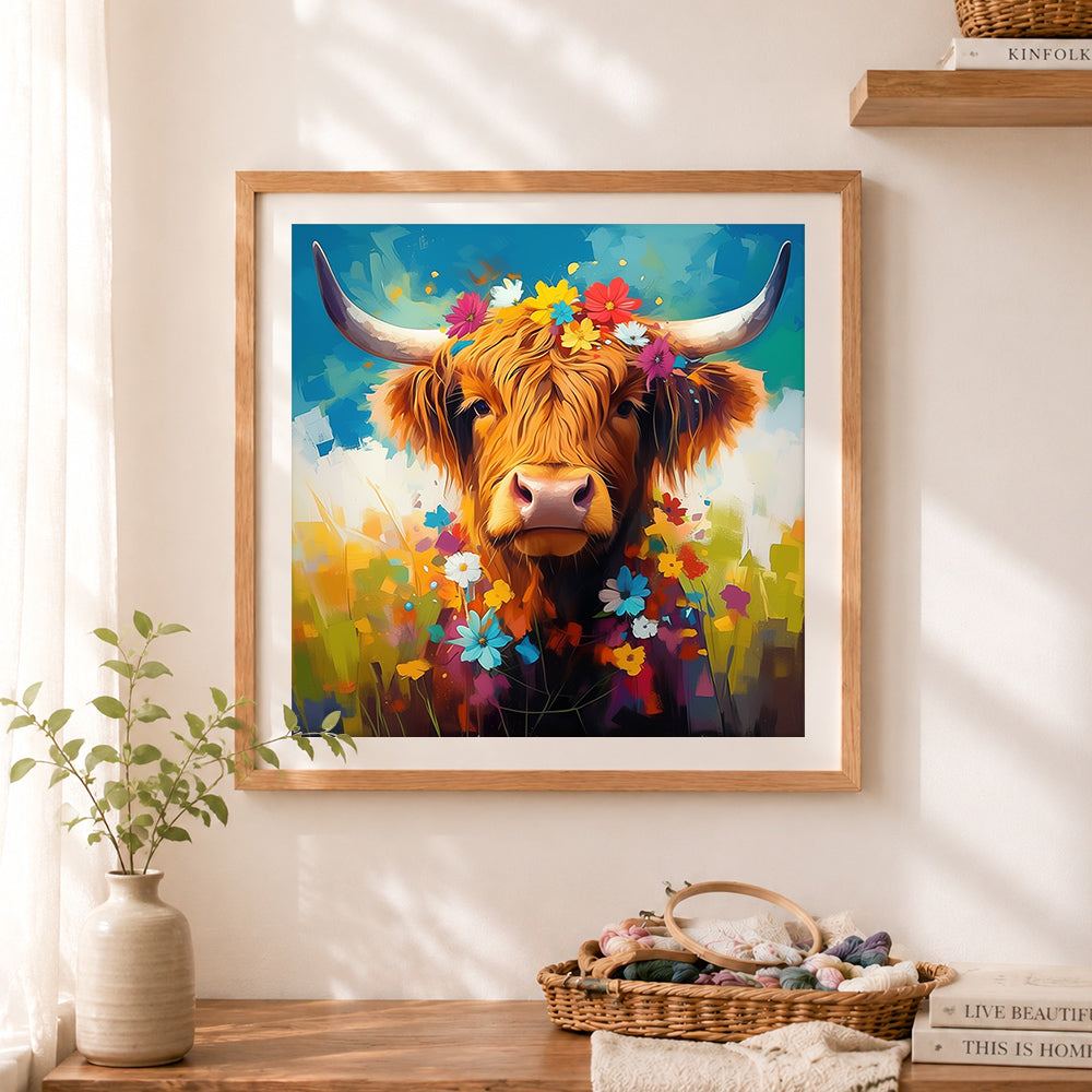 Finished flower crown highland cow cross stitch artwork displayed as home decor