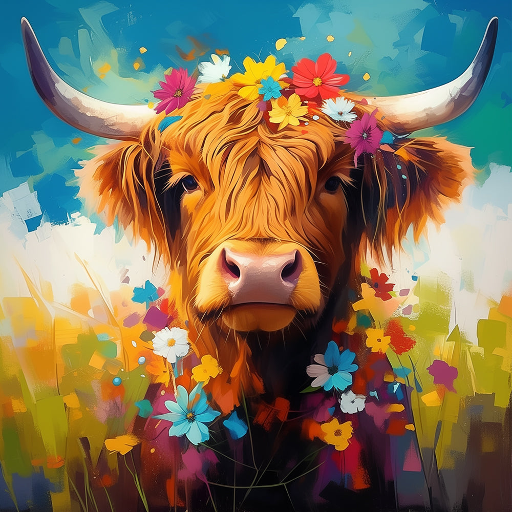 Flower crown highland cow cross stitch kit for beginners