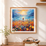 Finished flower field ocean sunset cross stitch artwork displayed as home decor