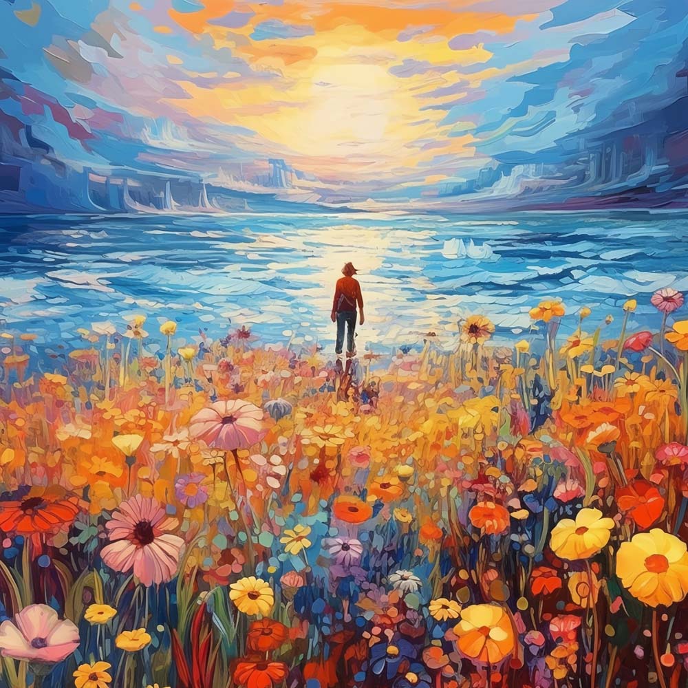 Flower field ocean sunset cross stitch kit for beginners