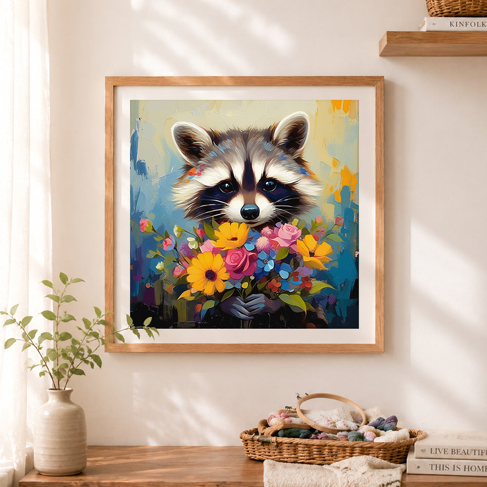 Finished flower-holding raccoon cross stitch artwork displayed as home decor