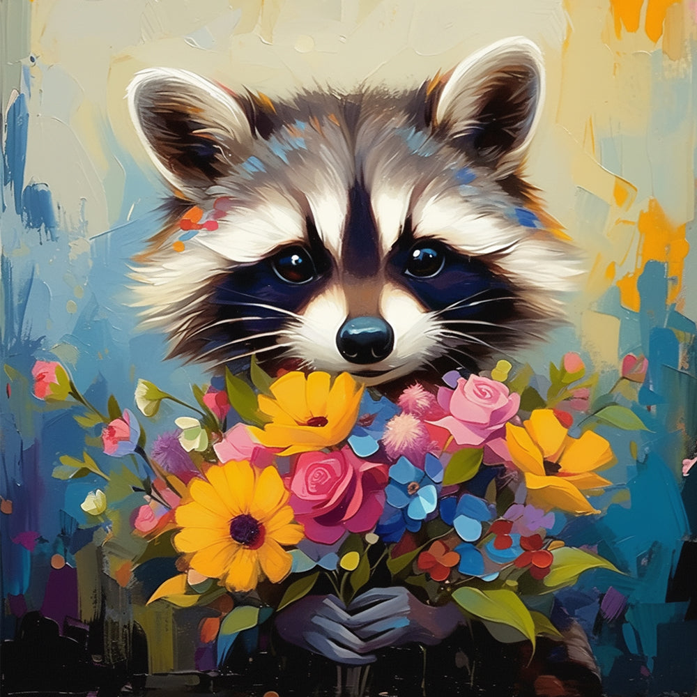 Flower-holding raccoon cross stitch kit for beginners