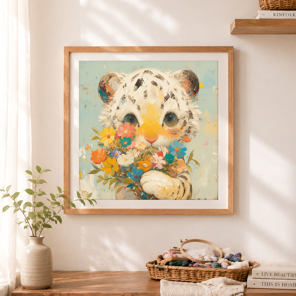 Finished flower white tiger cub cross stitch artwork displayed as home decor