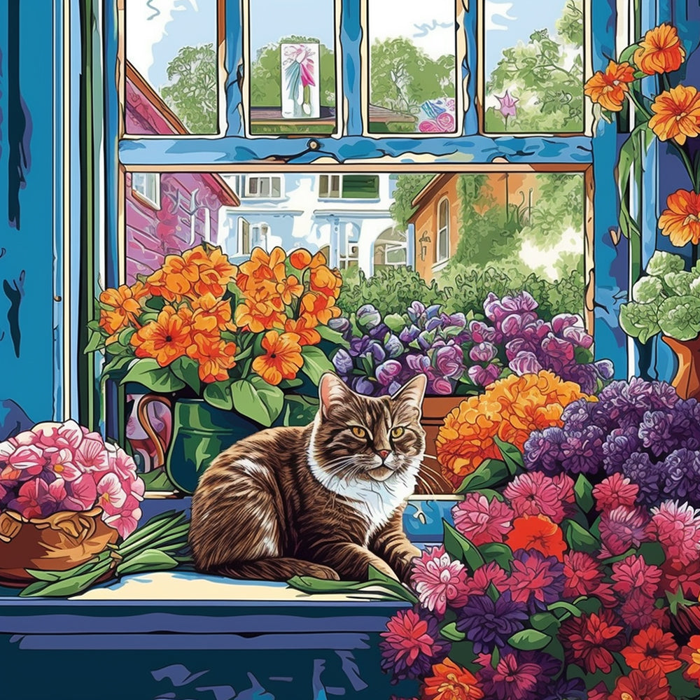 Flower windowsill tabby cat cross stitch kit for beginners