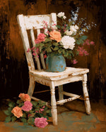 Flowers on rustic chair cross stitch kit for beginners