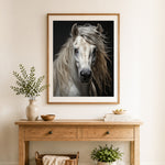 Finished flowing white horse portrait cross stitch artwork displayed as home decor