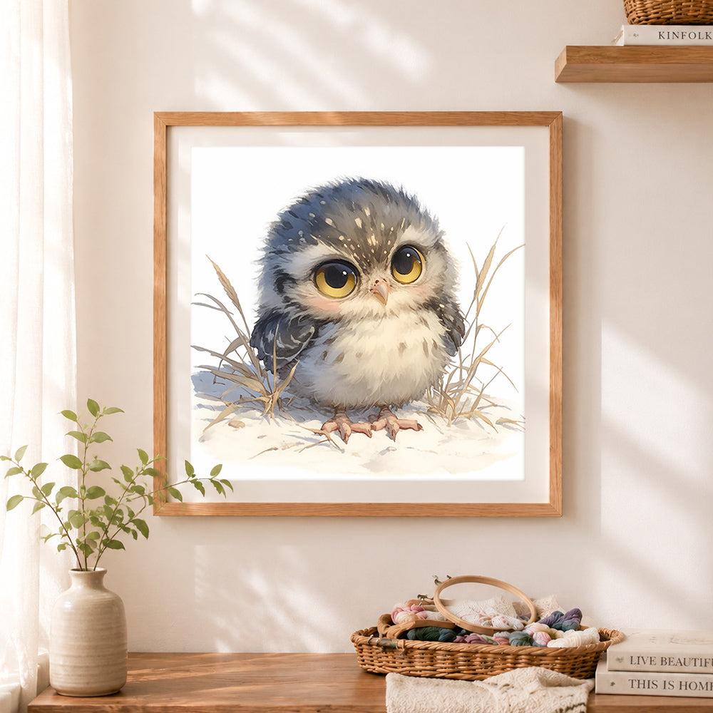 Finished fluffy baby owl cross stitch artwork displayed as home decor