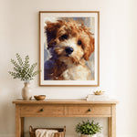 Finished fluffy brown puppy cross stitch artwork displayed as home decor