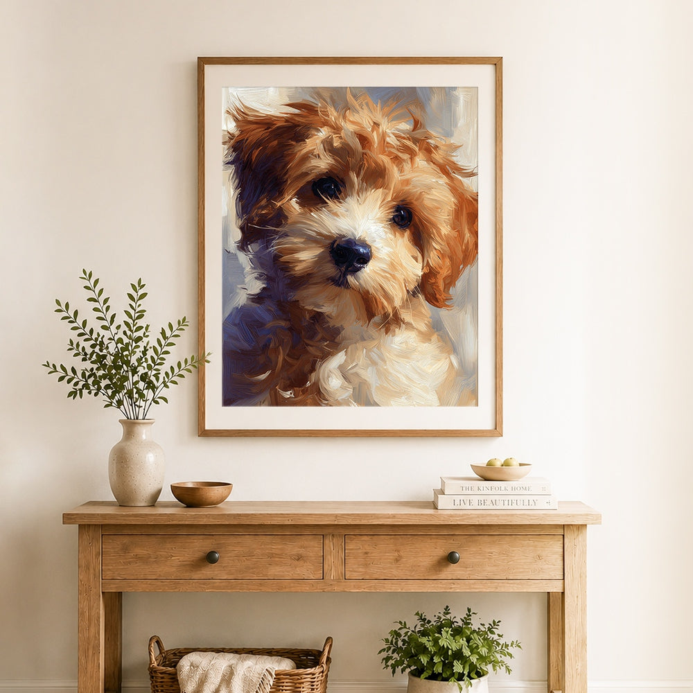 Finished fluffy brown puppy cross stitch artwork displayed as home decor