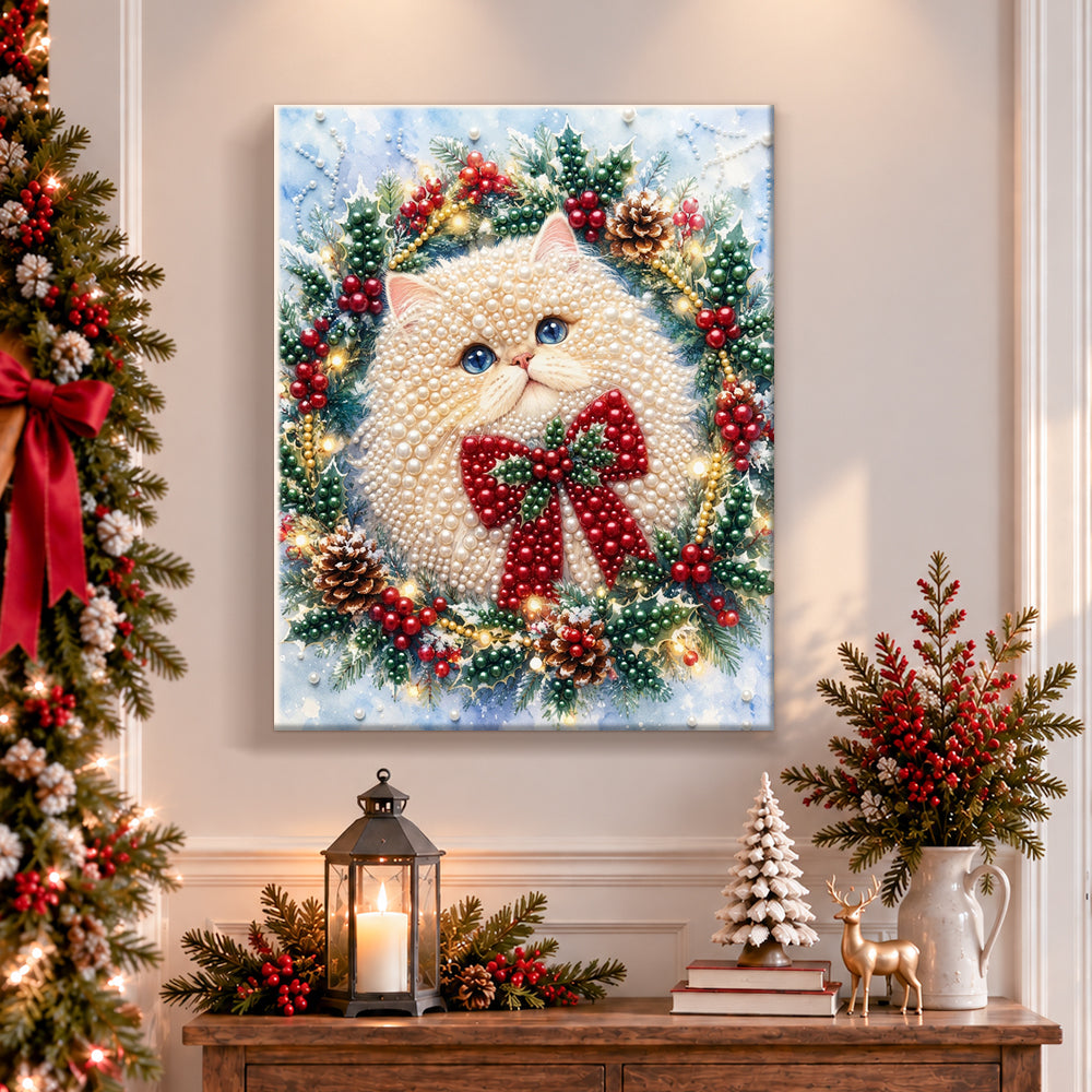 Finished fluffy cat in holly wreath pearl diamond painting artwork displayed as holiday home decor
