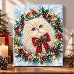 Fluffy cat in holly wreath pearl diamond painting kit for beginners