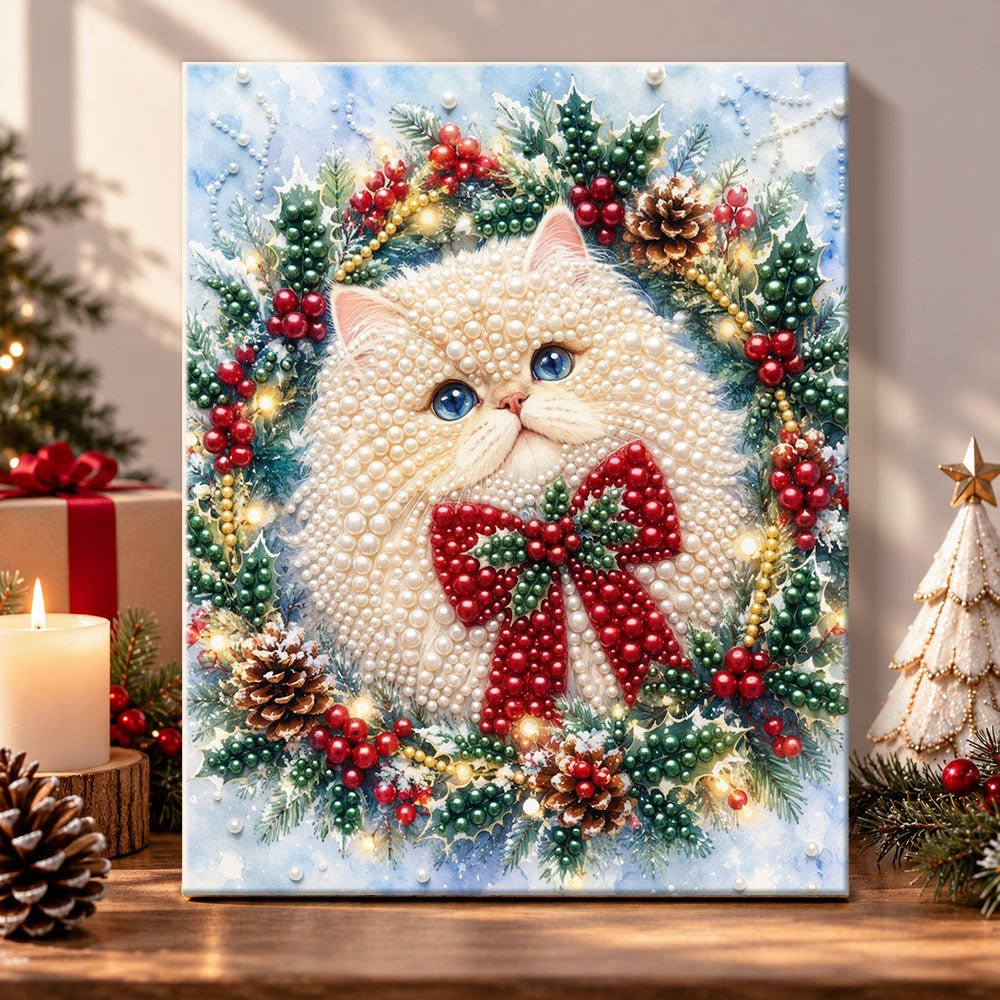 Fluffy cat in holly wreath pearl diamond painting kit for beginners