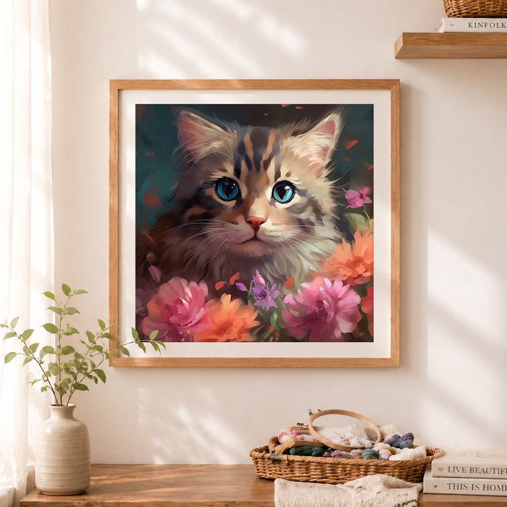 Finished fluffy cat with garden flowers cross stitch artwork displayed as home decor