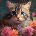 Fluffy cat with garden flowers cross stitch kit for beginners