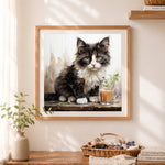 Finished fluffy cat with herbal tea cross stitch artwork displayed as home decor