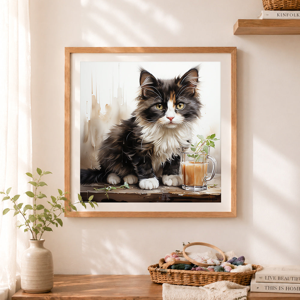 Finished fluffy cat with herbal tea cross stitch artwork displayed as home decor