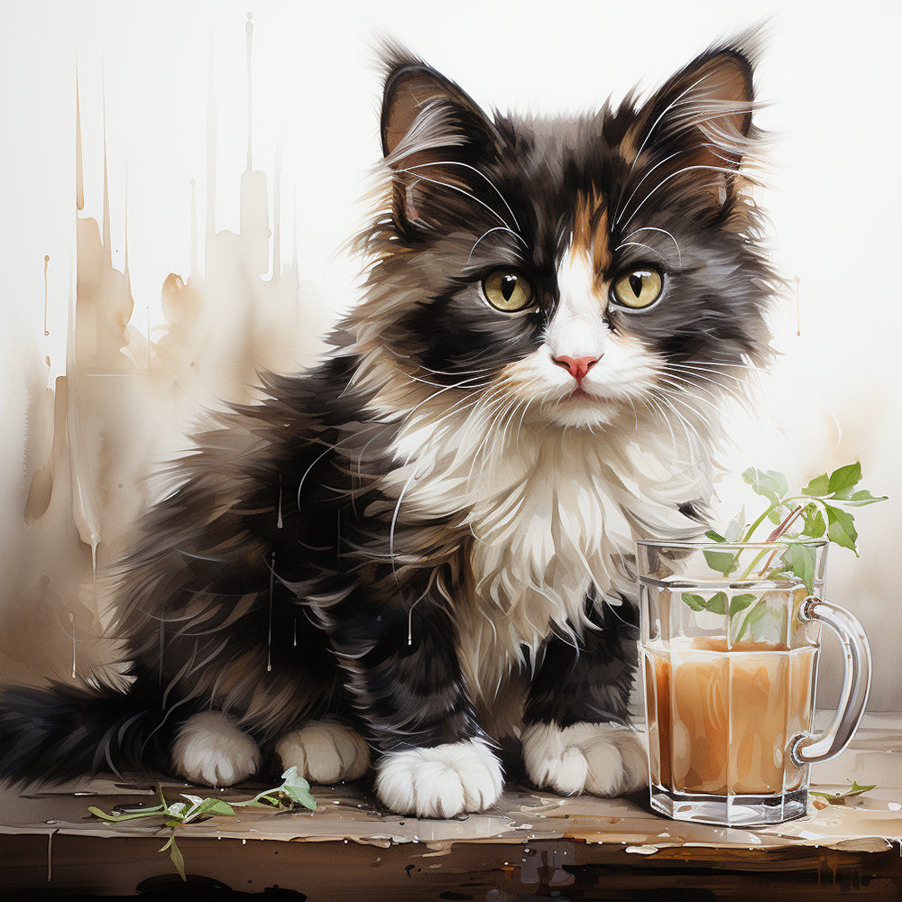 Fluffy cat with herbal tea cross stitch kit for beginners