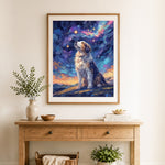 Finished fluffy dog watching nebula sky cross stitch artwork displayed as home decor