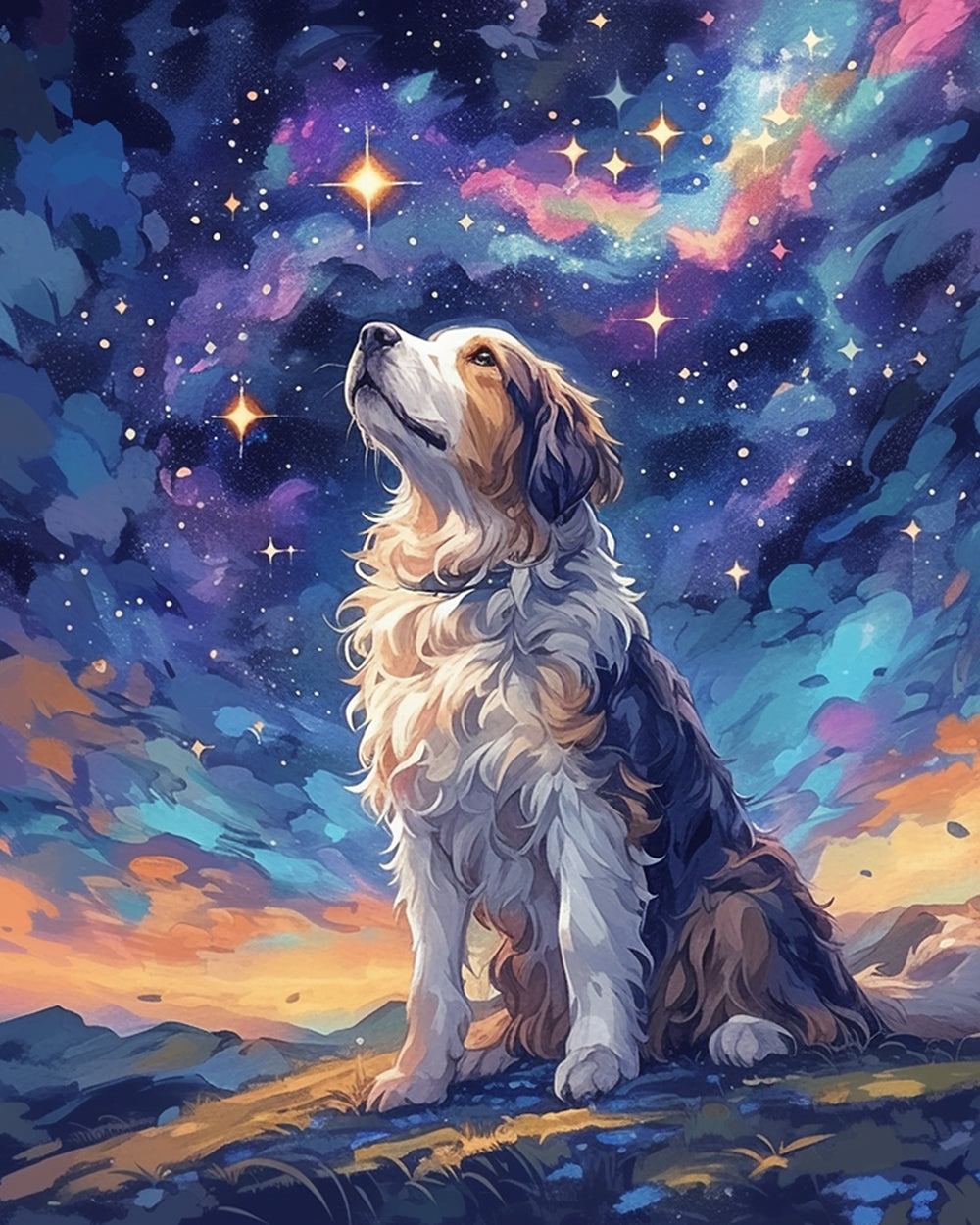 Fluffy dog watching nebula sky cross stitch kit for beginners