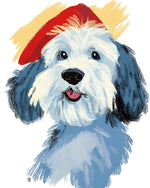 Fluffy dog with red beret cross stitch kit for beginners