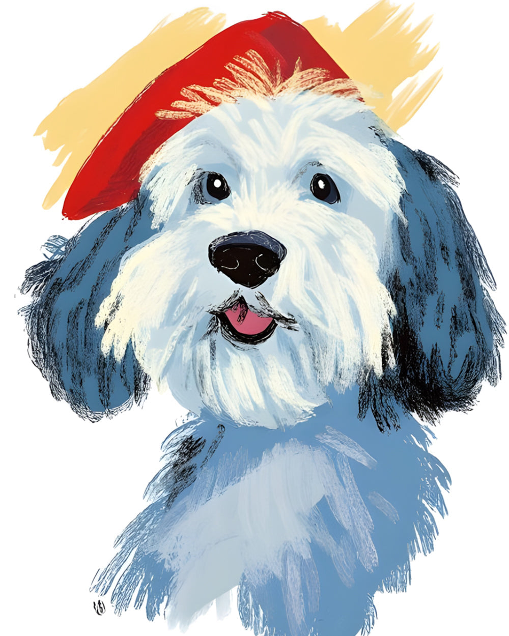 Fluffy dog with red beret cross stitch kit for beginners
