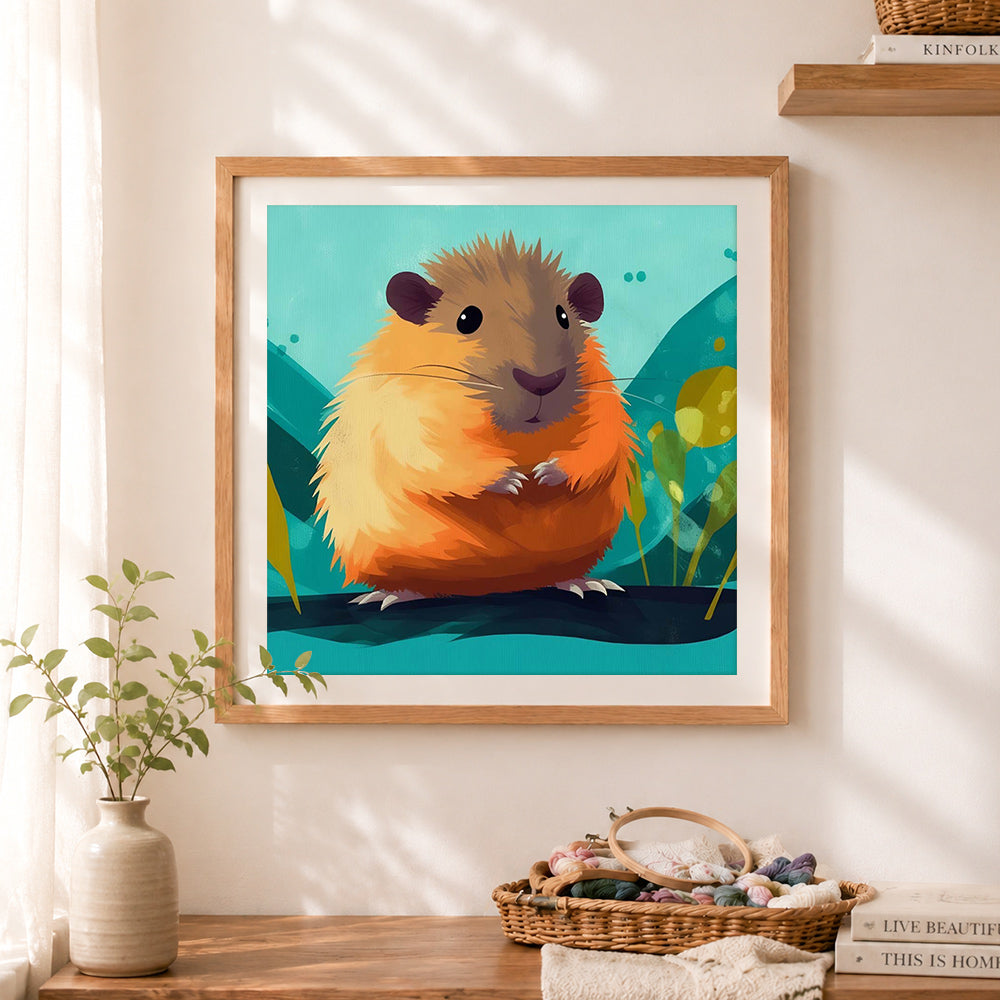 Finished fluffy guinea pig cross stitch artwork displayed as home decor