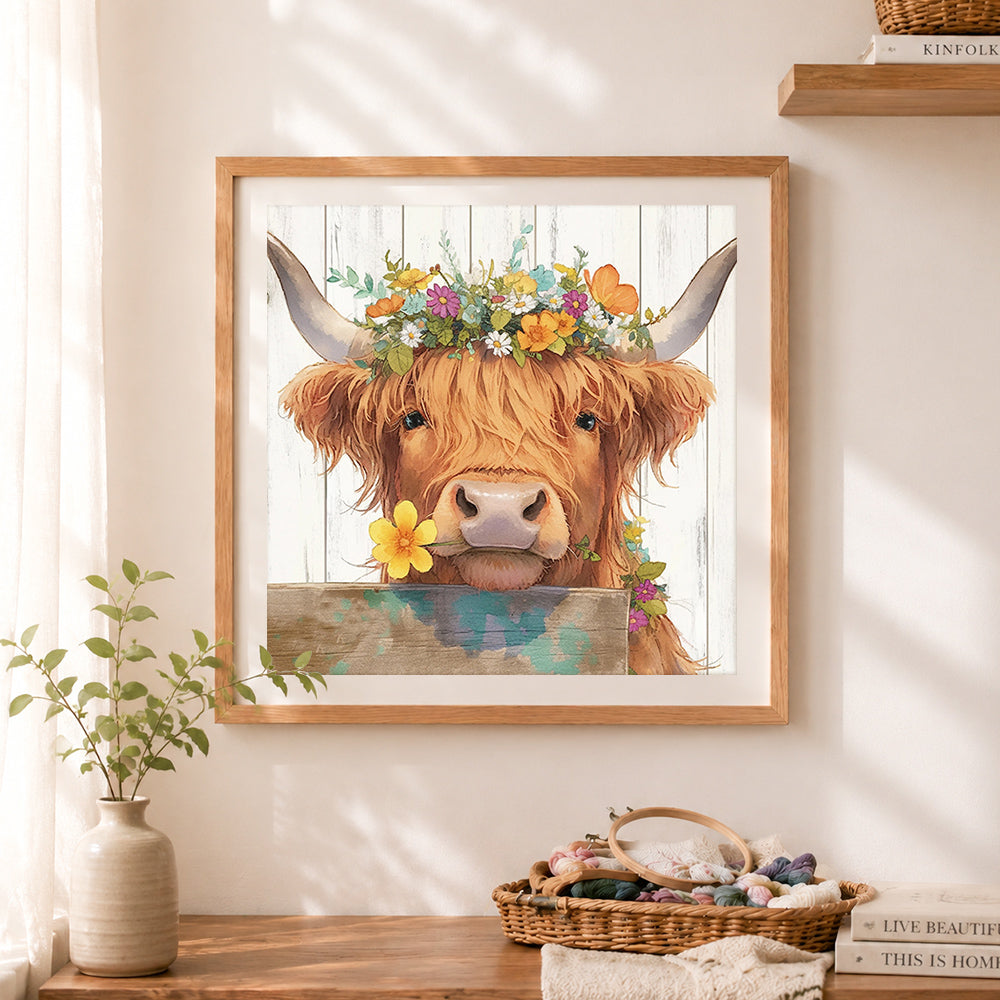 Finished fluffy highland cow with colorful florals cross stitch artwork displayed as home decor