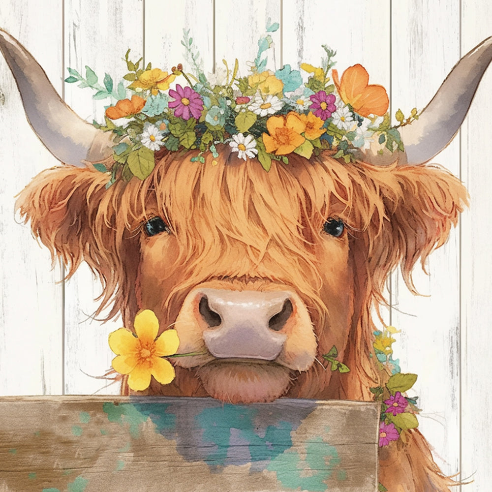Fluffy highland cow with colorful florals cross stitch kit for beginners
