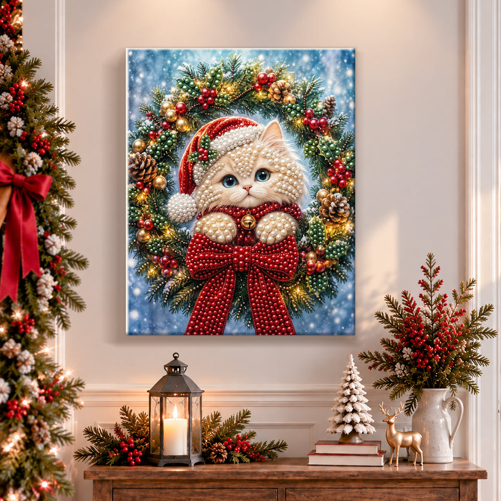 Finished fluffy kitten in christmas wreath pearl diamond painting artwork displayed as holiday home decor