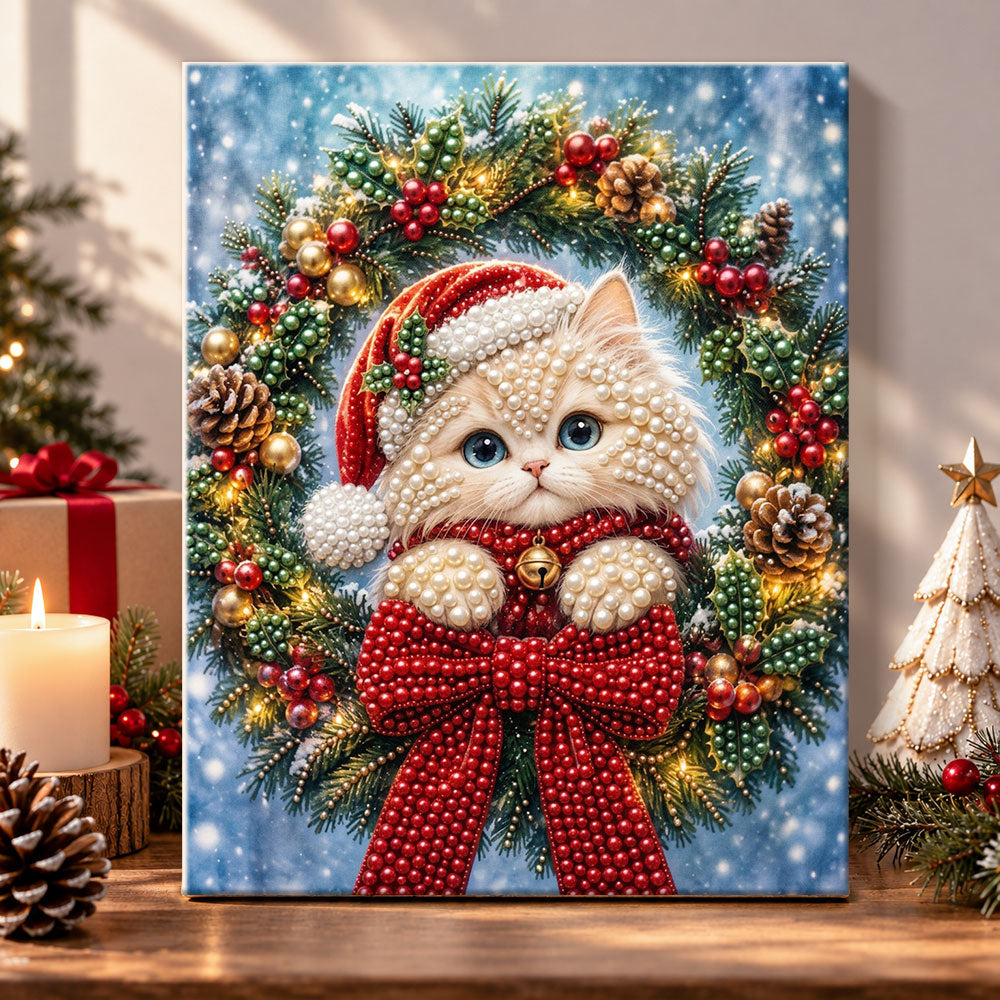Fluffy kitten in christmas wreath pearl diamond painting kit for beginners