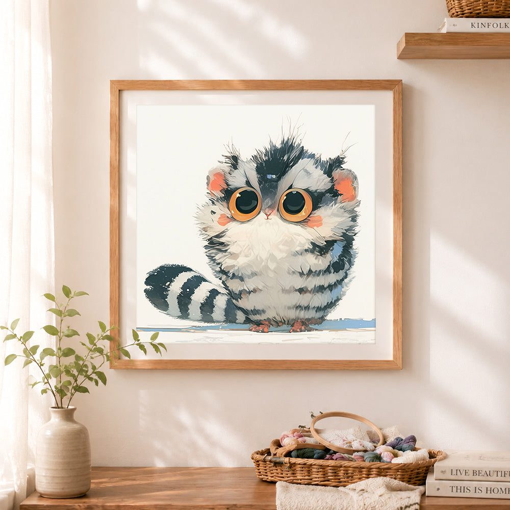 Finished fluffy little cat cross stitch artwork displayed as home decor
