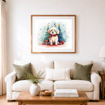 Finished fluffy pup in festive christmas scene cross stitch artwork displayed as home decor