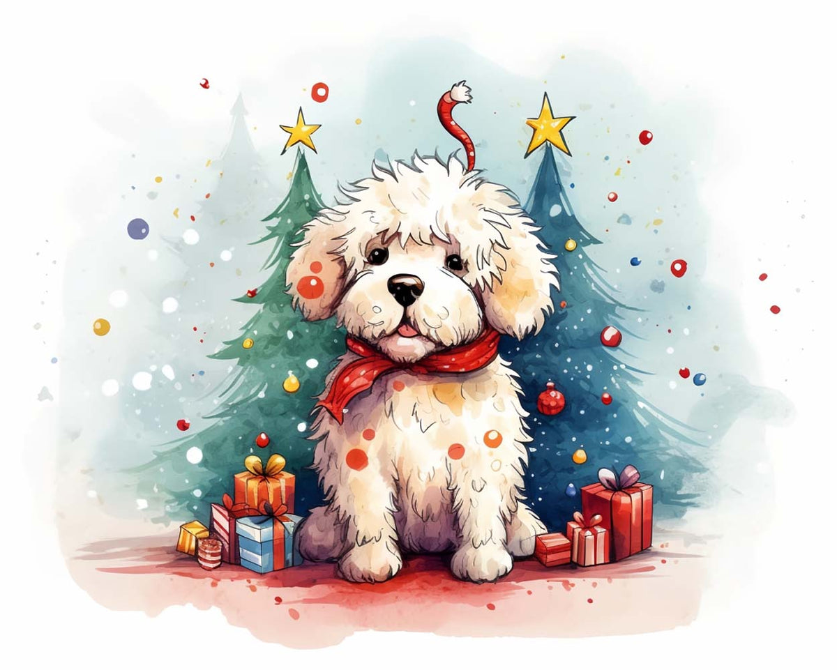 Fluffy pup in festive christmas scene cross stitch kit for beginners