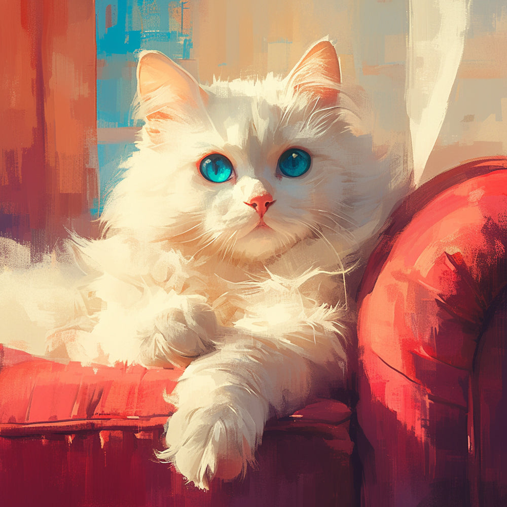 Fluffy white cat sofa cross stitch kit for beginners