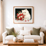Finished fluffy white cat with red roses cross stitch artwork displayed as home decor